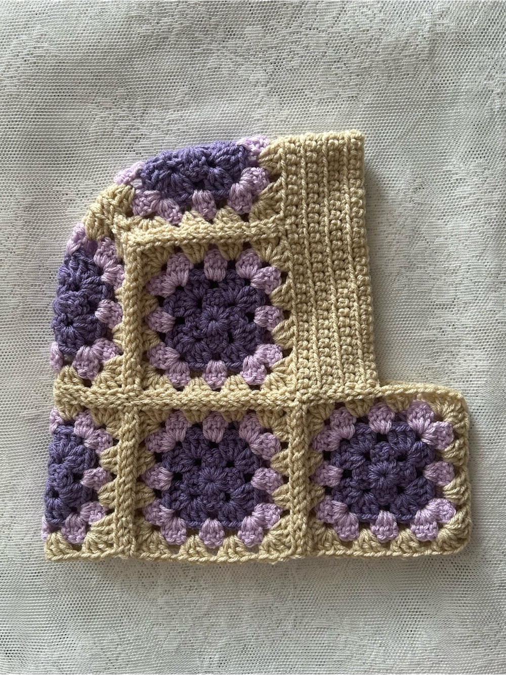 Granny Square Crochet Balaclava - Lavender Oat Latte Colourway